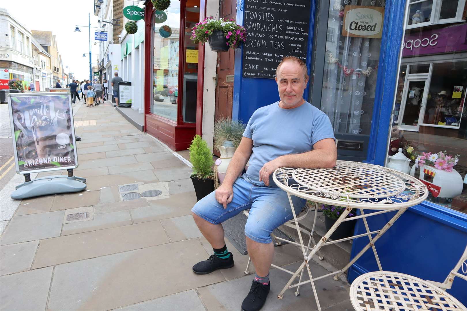 Stephen Jackson of Jacksonwood Vintage Tea Rooms in Sheerness High Street has been told he can't place his tables and chairs on the pavement. Picture: John Nurden