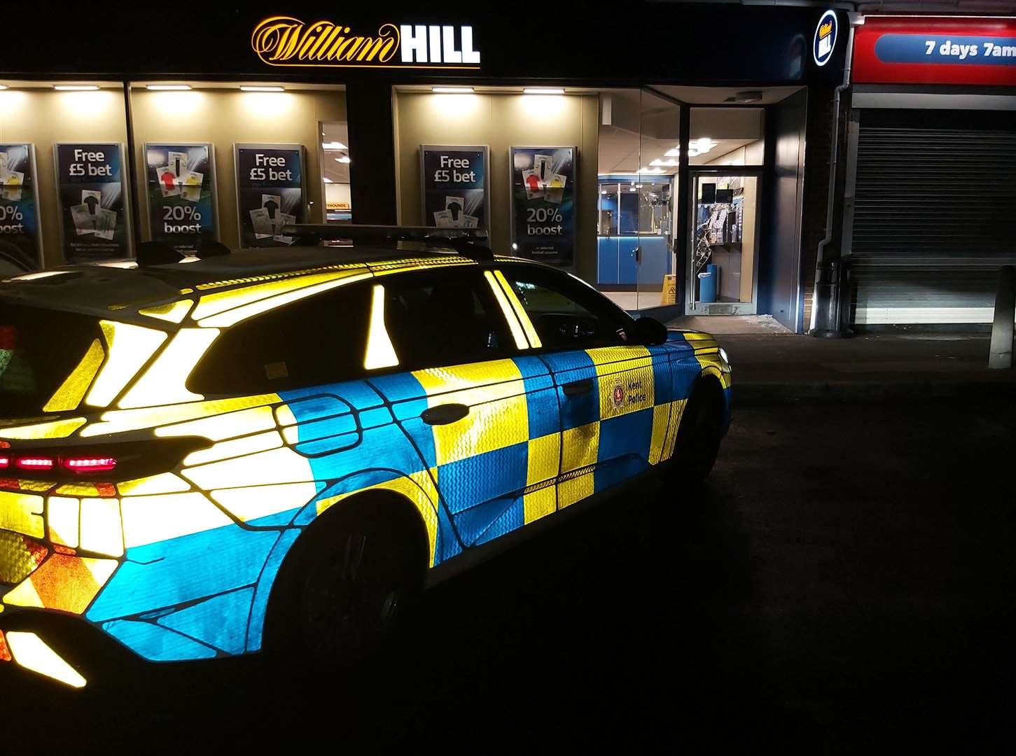 Police outside William Hill in Court Wurtin in the early hours. Picture: Kent Police