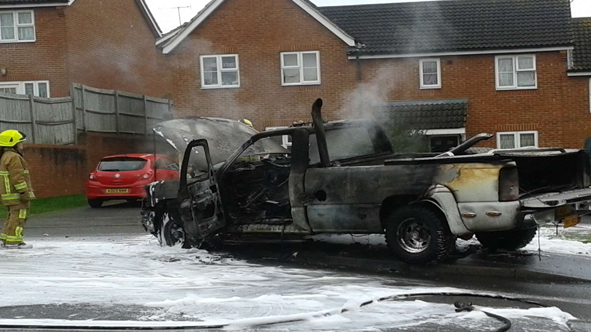 A pick-up truck was destroyed in a blaze in Ashford. Picture: Emma Morris