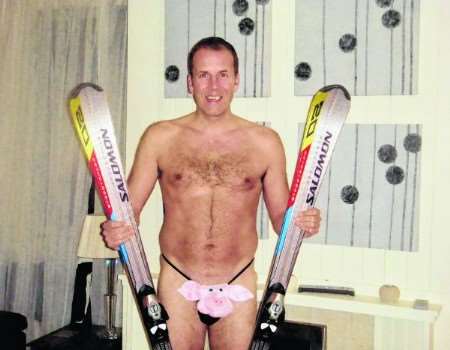 Phillip Goddard of Regal Estates in the pink thong he will be wearing when ski-ing down Val d'Isere