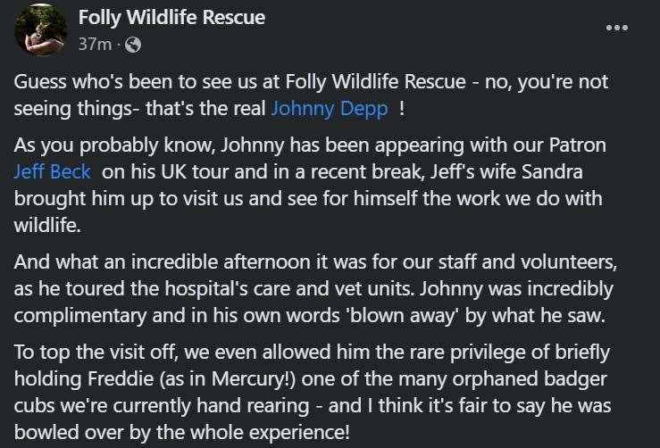 The post shared by Folly Wildlife Rescue this afternoon about Johnny Depp's visit