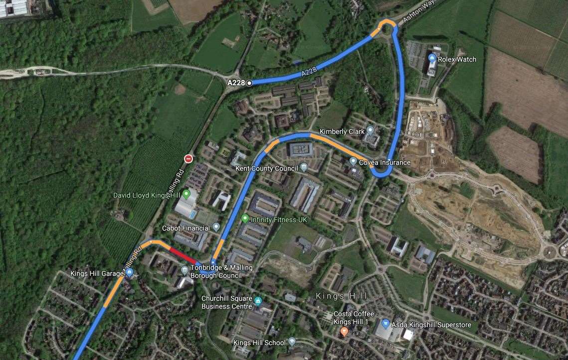 The actual route being taken by much of the traffic through Kings Hill