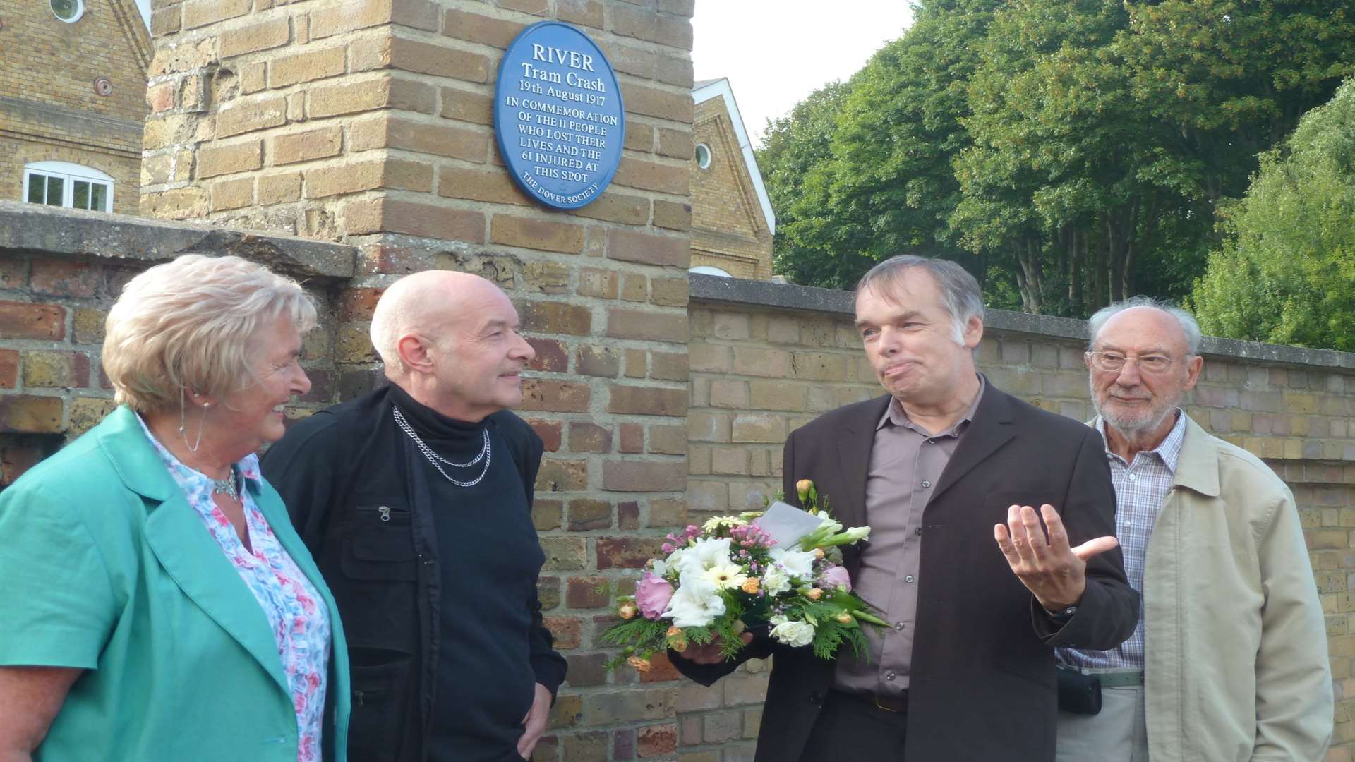 The memorial to the Crabble tram disaster, Dover.From left Lorraine Sencicle, Alan Bissenden, David Bissenden and Derek Leach