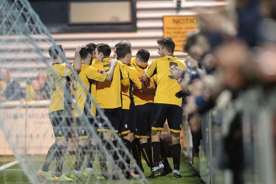 Maidstone celebrate Michael Phillips' goal in the League Cup final Picture: Martin Apps
