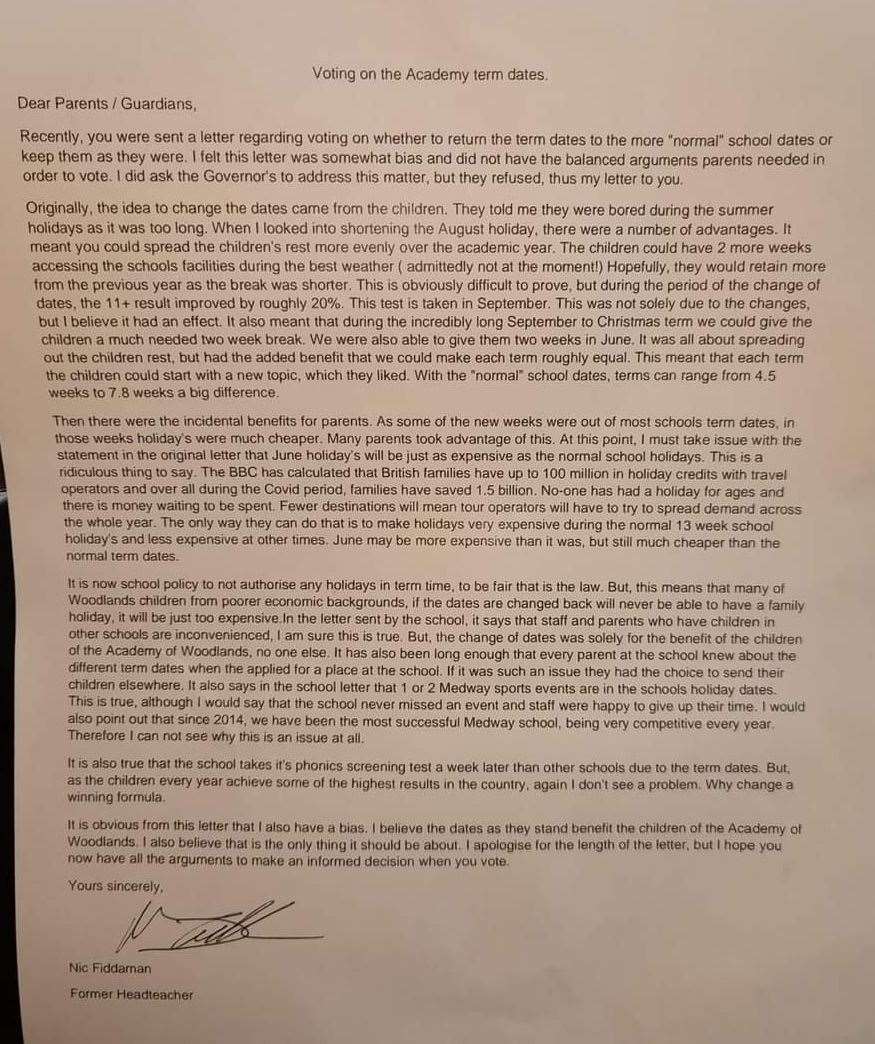 Nic Fiddaman, former head at the Academy of Woodlands, wrote a letter and handed it out to parents at the school gates (47503117)