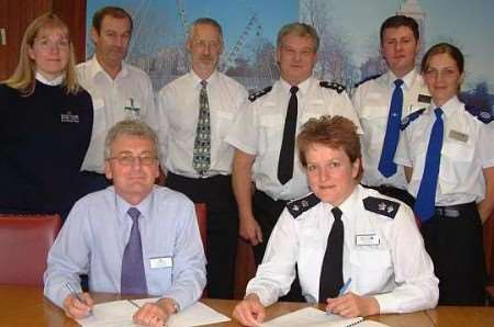 Back Row: Sarah Stymest (MBC), Jeff Pedrick (MBC), Graham Steady (MBC), chief insp Steve Hansford, PCSO Carl Fairman and PCSO Vicky Hart. Front row: Trevor Gasson and chief supt Jan Stephens. Picture: IAN TUCKER