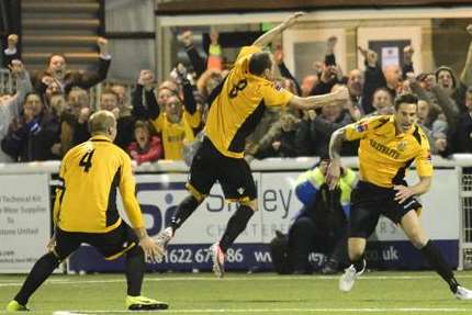 Paul Booth and team-mates enjoy his goal against Folkestone. Picture: Martin Apps