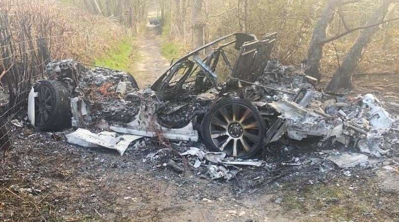 The remnants of a car after a blaze in a path off Hermitage Lane on the morning of April 19 Picture: Michelle Ann