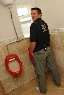 Gav Smith trying out the new loos at Hawley Garden Centre, Hawley.