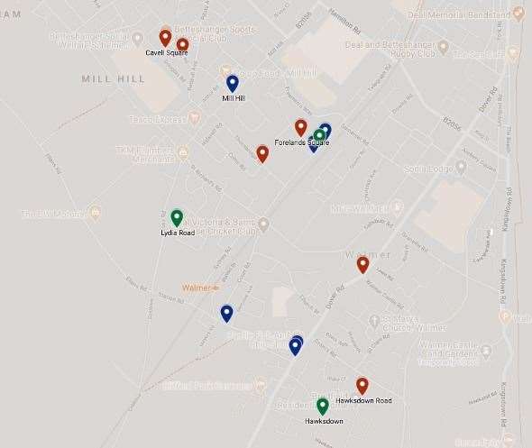 Cllr Chris Vinson made this map of car vandalism cases in Deal using GoogleMaps