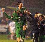 Burscough goal hero David Rowan celebrates his winner. Picture: MATTHEW READING