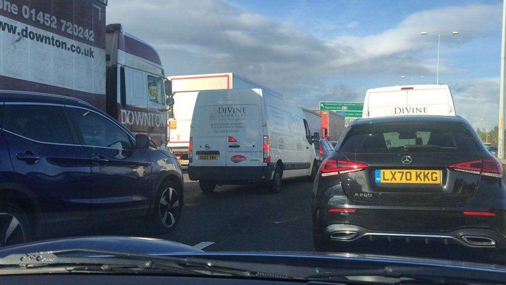 Traffic is being held on the A2 after the crash near the Bean and Darenth interchanges. Picture: @Paulclunn