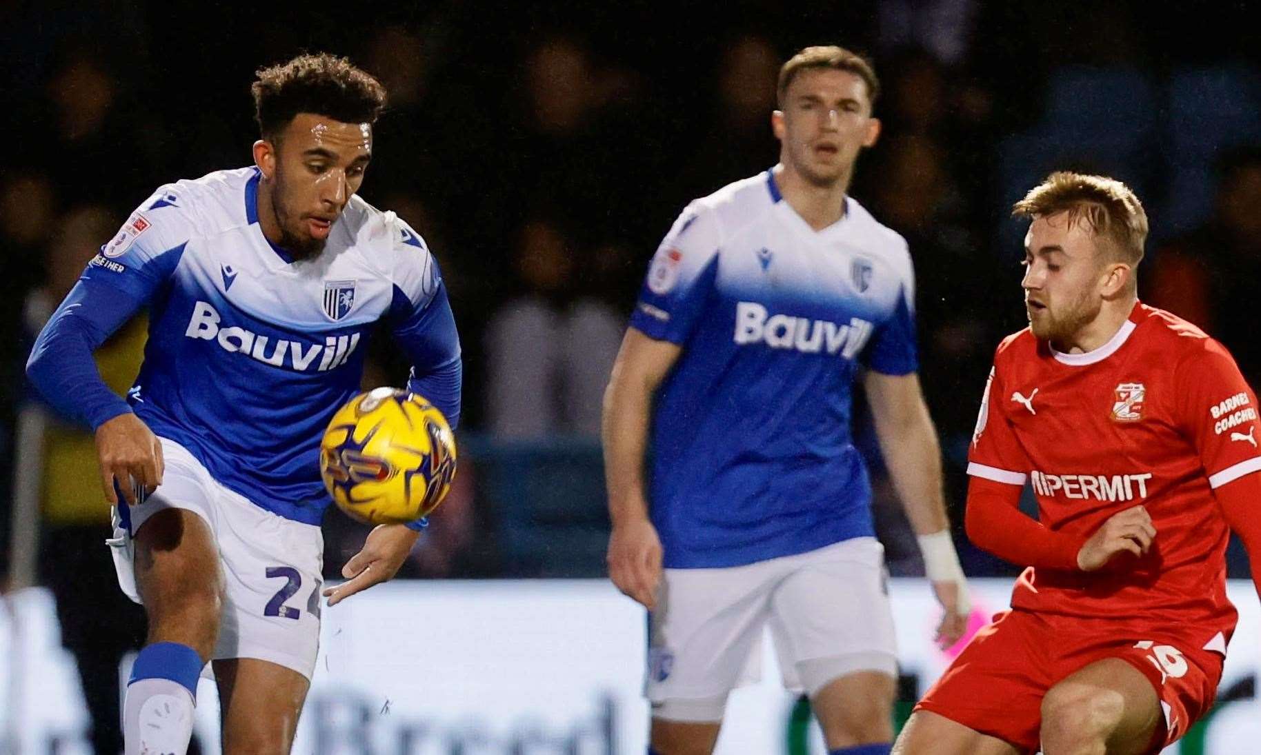 Remeao Hutton in action in Gillingham’s 2-2 League 2 draw at home to Swindon on Tuesday. Picture: @Julian_KPI