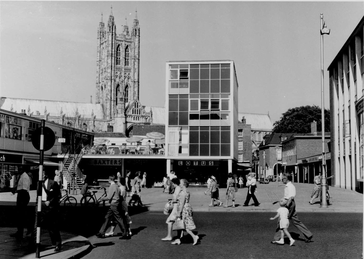 Depending on your point of view, the 'shoe box' building which dominated the post-war redevelopment of the Longmarket, Canterbury, in August 1961was either an eyesore which blocked out the Cathedral or a building which provided tantalising glimpses of it. The adjoining cafe used the open-air terrace next to it for its customers