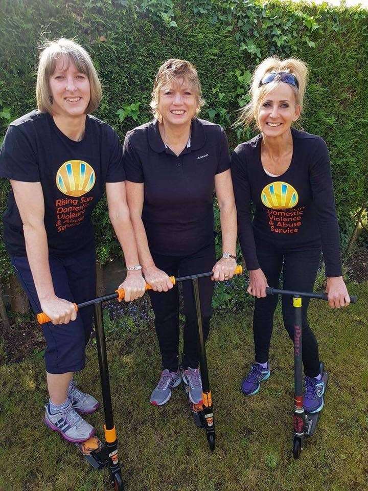 L-R- Jennie, Jacqi and Debbie. Three friends are completing a half marathon on scooters for the Rising Sun charity.