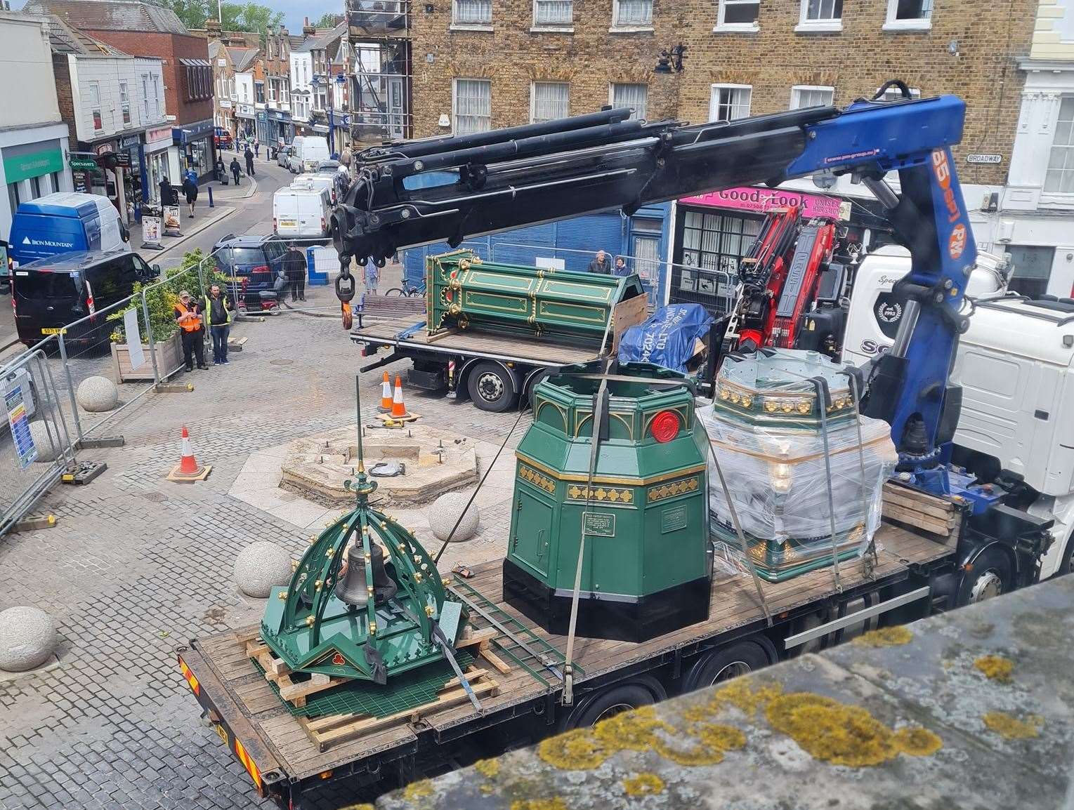 Sheerness clock tower arrived back in the town centre on Monday after a seven-month facelift. Picture: Donna Mansi
