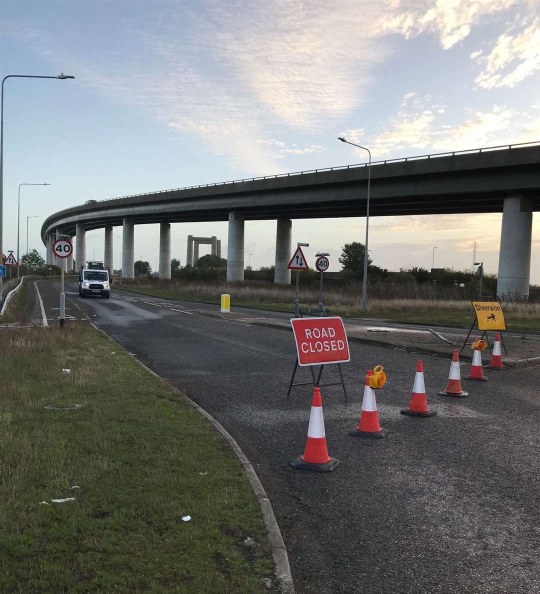 The road is closed from the Kingsferry roundabout
