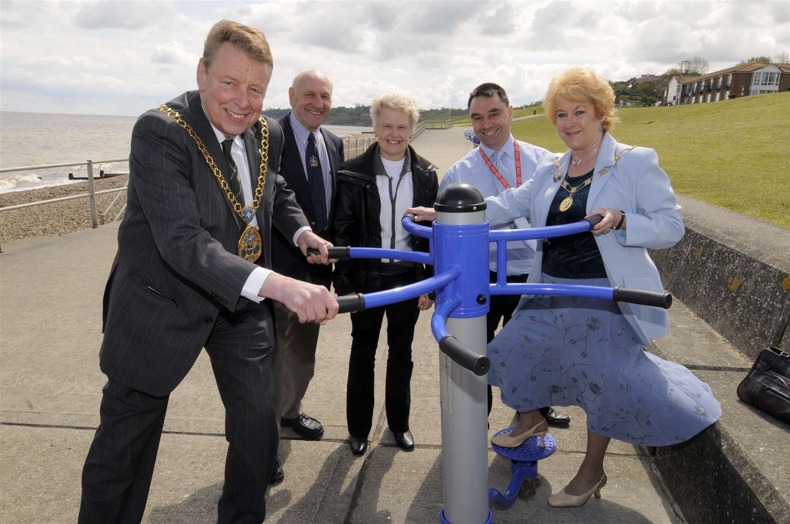 Then Mayor Adrian Crowther, left, and mayoress Pamela Berry try out trim trail equipment on The Leas at Minster watched by Cllr Ben Stokes, his partner Sylvia Bennett and Alan Marolia from Swale council in 2010. Picture: Andy Payton