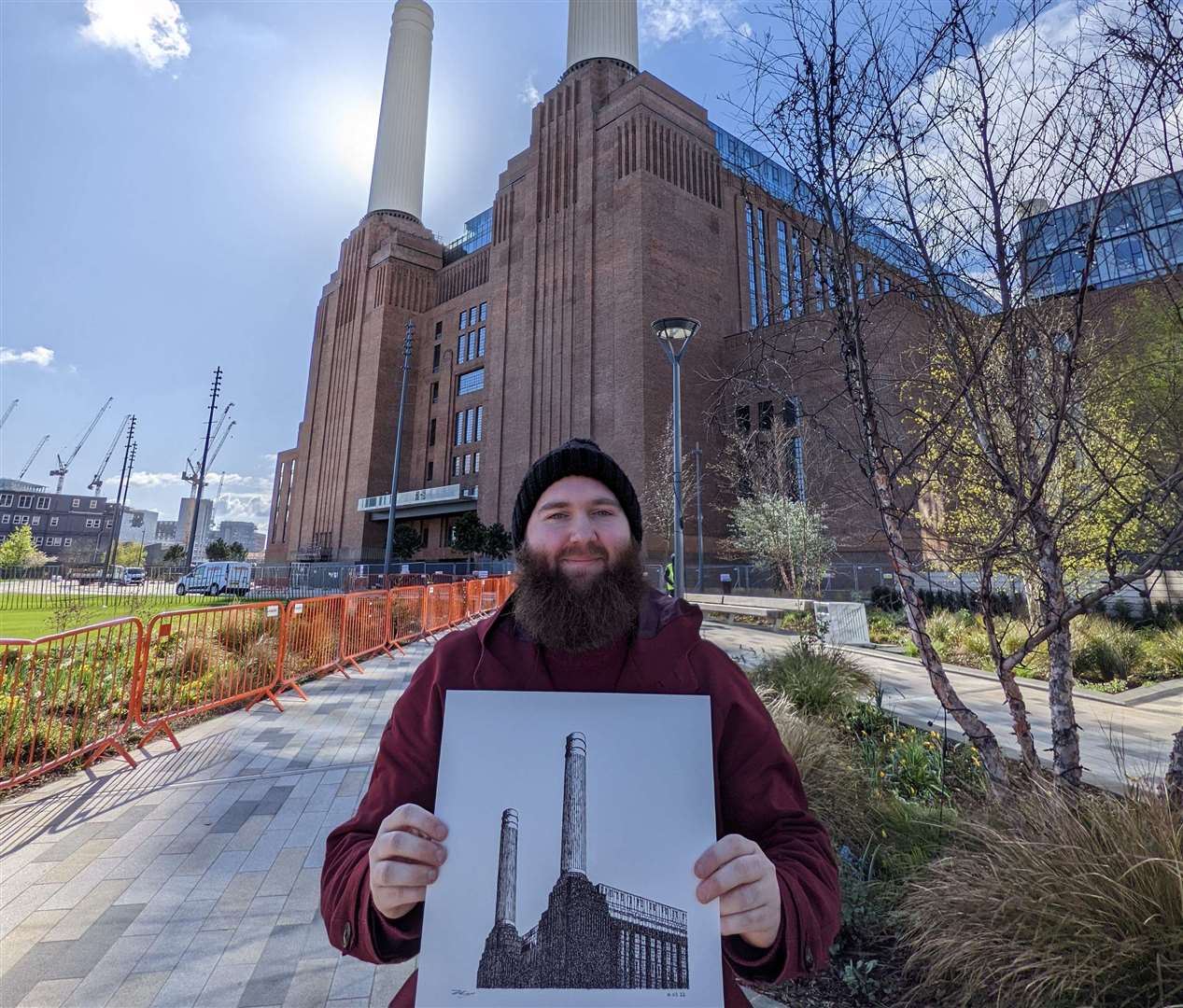 Jack Hines and his drawing of Battersea Station in London