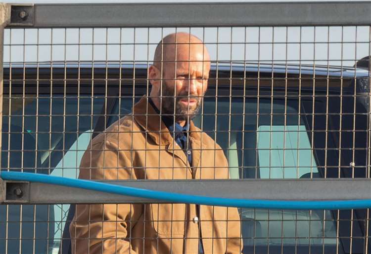 Hollywood actor Jason Statham on the Kingsferry Bridge for the movie The Beekeeper. Pictures: Click News and Media