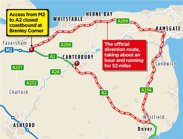 The official diversion route for those heading to Canterbury and Dover