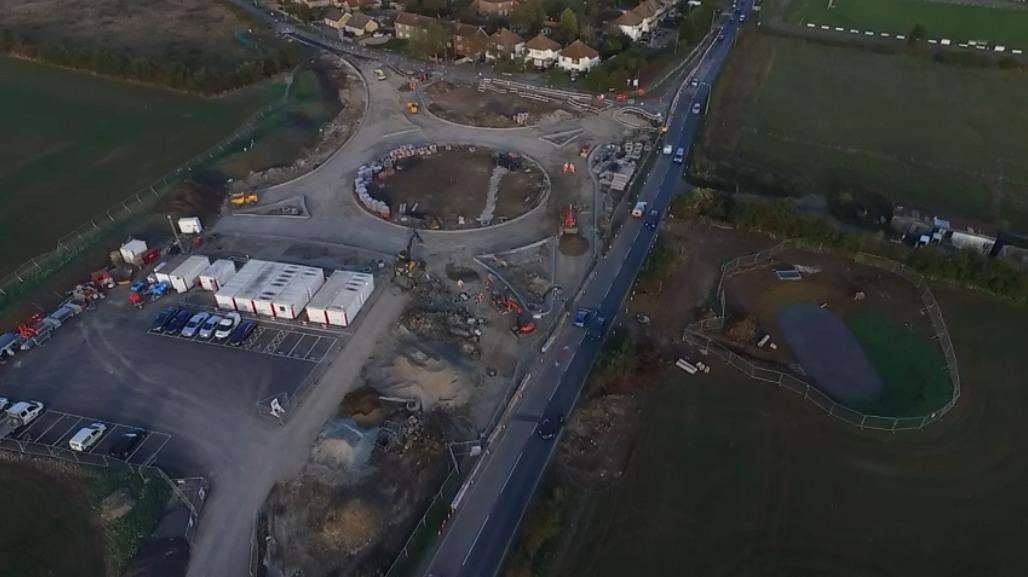 An aerial view showing work being carried out on the new roundabout. Credit: RLH Media