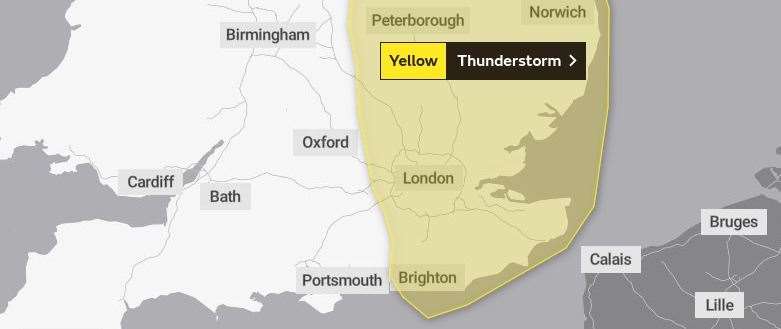 A yellow weather warning is in place across Kent