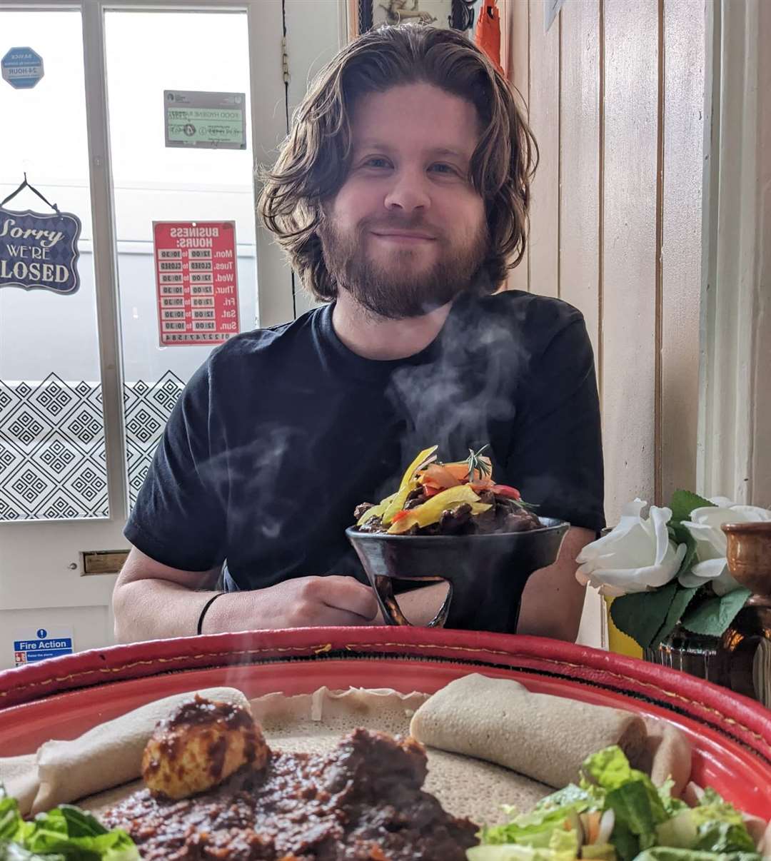 Reporter Rhys Griffiths enjoys a meal at Chingah Habesha in Canterbury