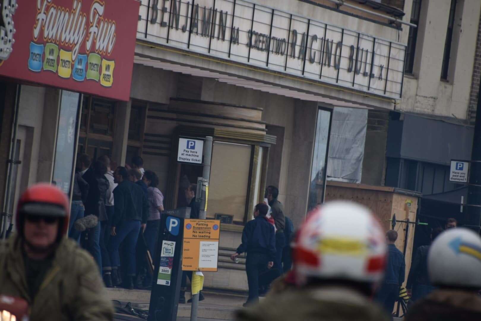 The skinheads were seen targeting the makeshift cinema in Margate during filming yesterday. Picture: Roberto Fabiani