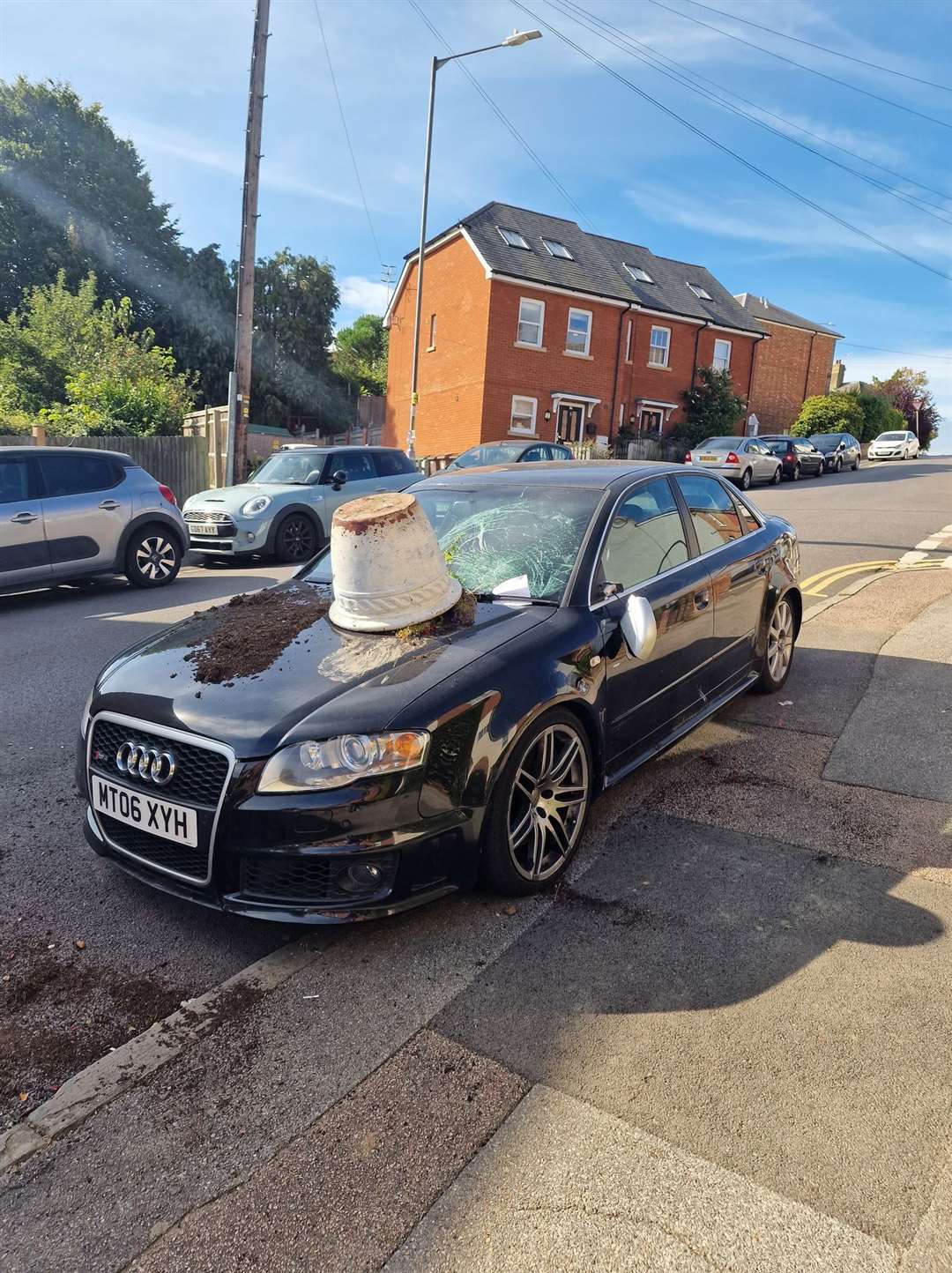 A car has been smashed by a plant pot in Auckland Road, Tunbridge Wells. Picture: Ollie Brock