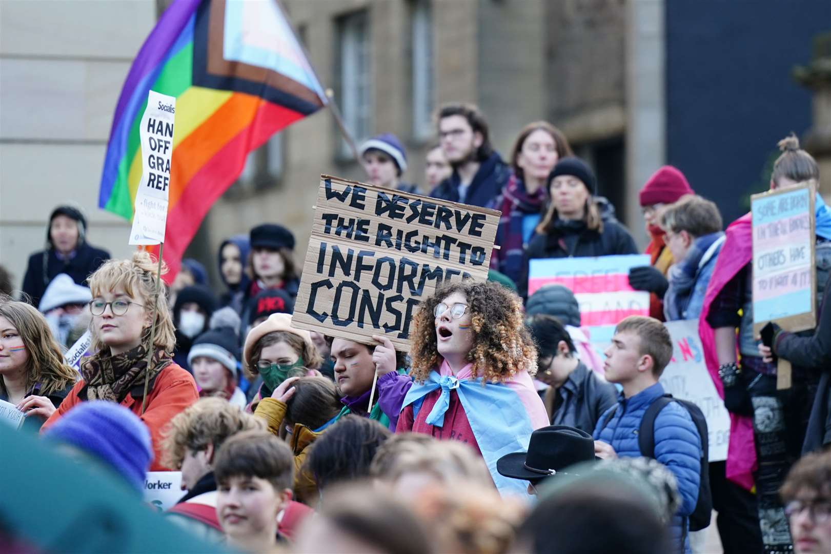 Demonstrators at a trans rights rally outside the UK Government Office at Queen Elizabeth House in Edinburgh (Jane Barlow/PA)