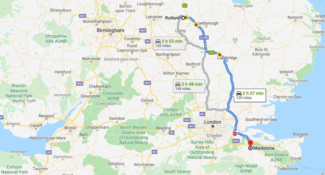 The motorist travelled 139 miles from Maidstone to Rutland. Picture: Google maps