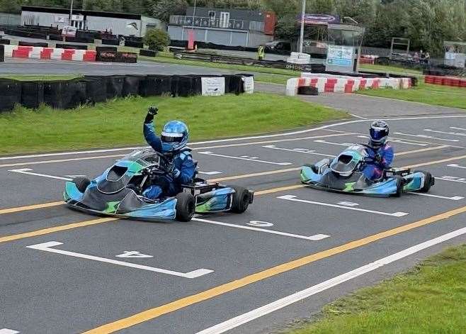 Thomas Merritt celebrates victory in the Total Karting Zero Championship at Rye House. Picture: Car Scene Media