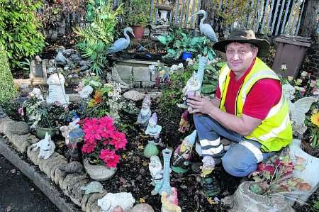 Tony Whiteman Site Operative at Hoath Way Refuse and Recycling site in Gillingham with all the garden Gnomes that have been collected at the site. Picture by Matthew Reading