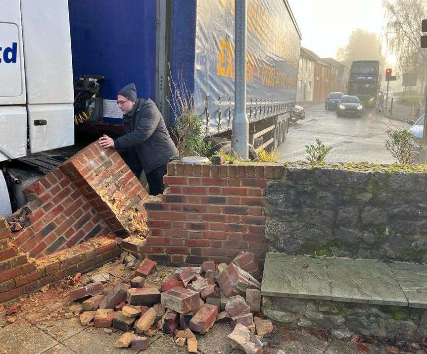 The village hall wall was hit by the turning lorry. Picture: Cllr Sarah Hudson