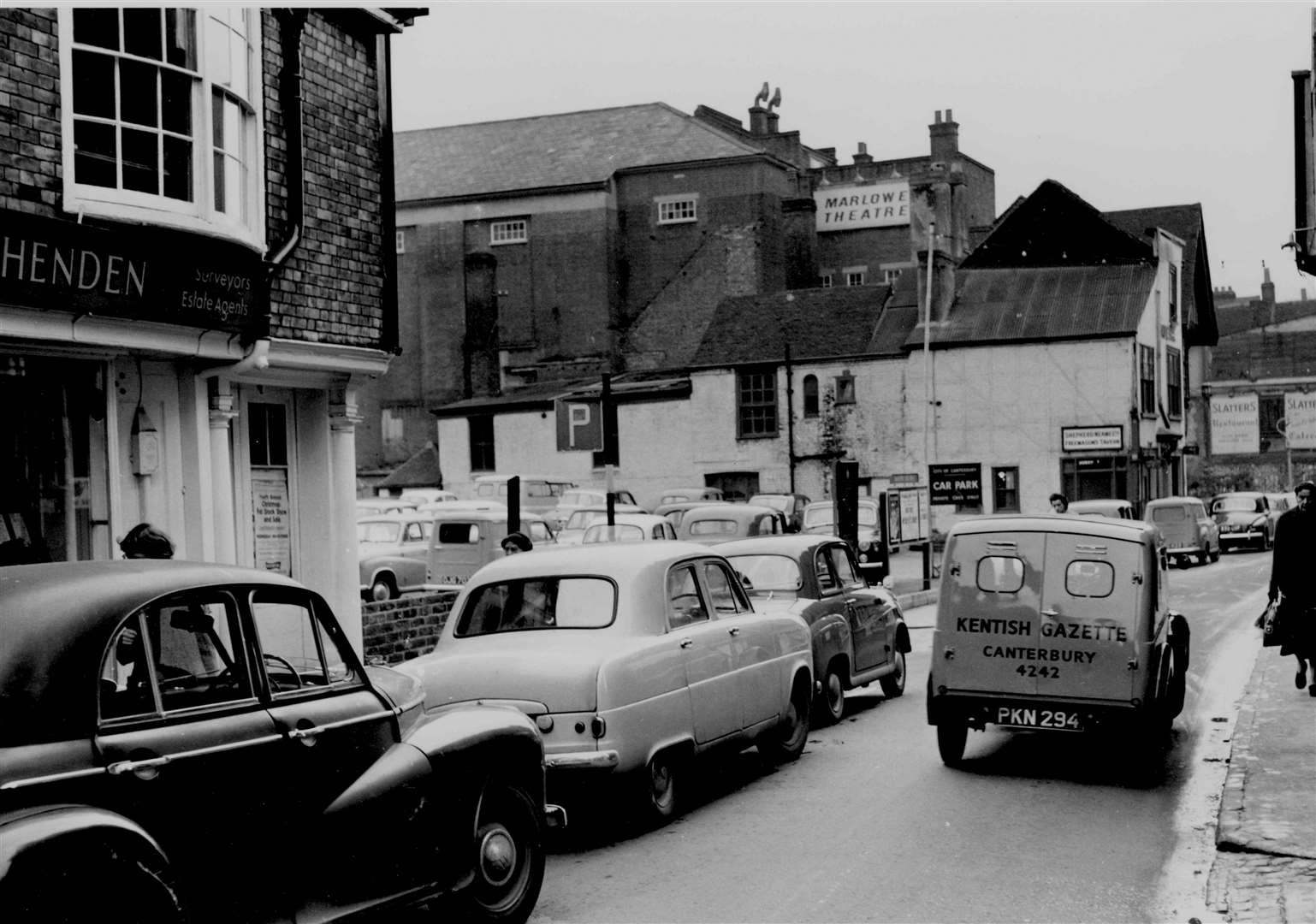 Parked cars in St Margaret's Street, then one-way, illustrated problems over parking in Canterbury city centre in 1958. The gap on the left, then being used as a car park, was the site of the blitzed Royal Fountain Hotel