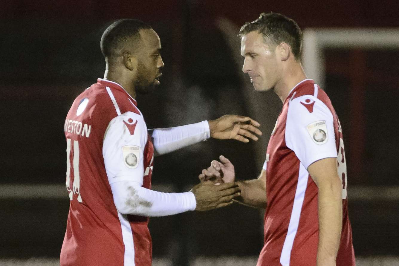 Myles Weston, left, celebrates his injury-time winner with Andy Drury Picture: Andy Payton