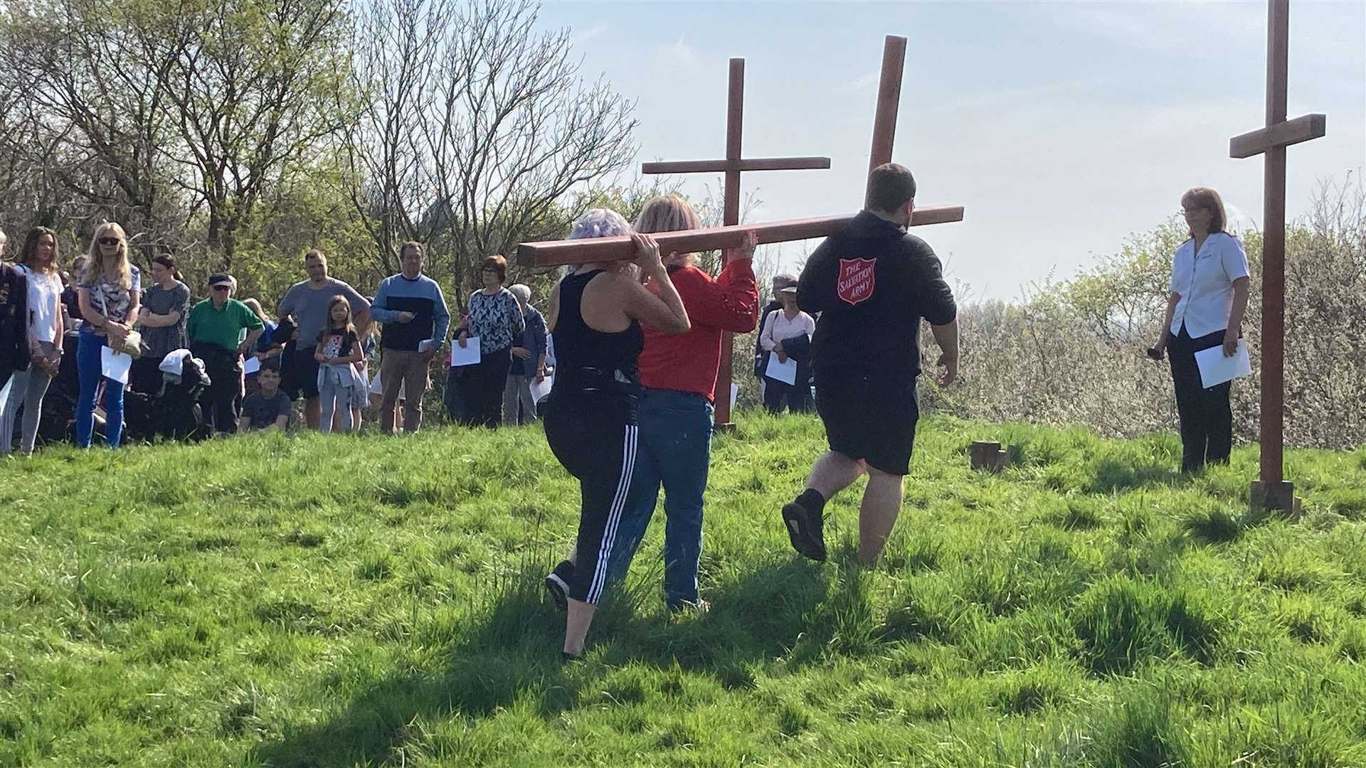 The final cross arrives for the Good Friday Easter service at Bunny Bank, Minster, Sheppey