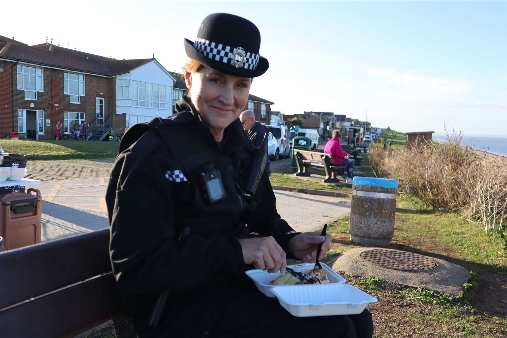 Extra actress Debbie Cameron from Surrey taking a break from shooting scenes for Silent Witness on The Leas at Minster