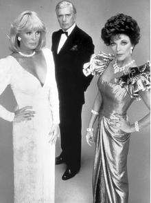 Linda Evans as Krystle Carrington, John Forsythe as Blake Carrington and Joan Collins as Alexis Carrington. Taken in 1984