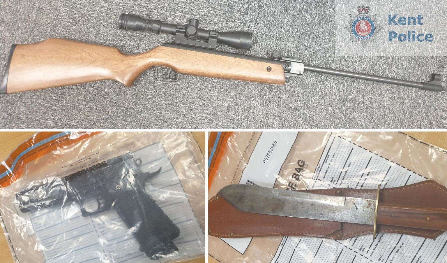 An imitation handgun, air rifle and machete was seized from the Isle of Sheppey. Picture: Kent Police