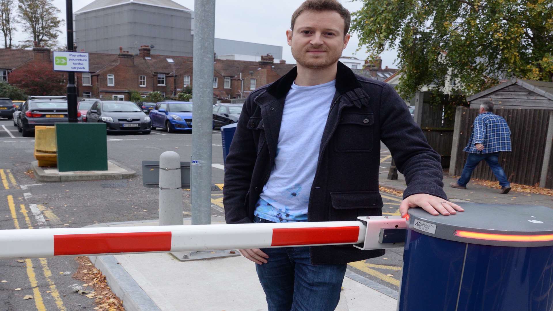Cllr Ben-Fitter Harding and the ANPR barriers at the Pound Lane car park in Canterbury