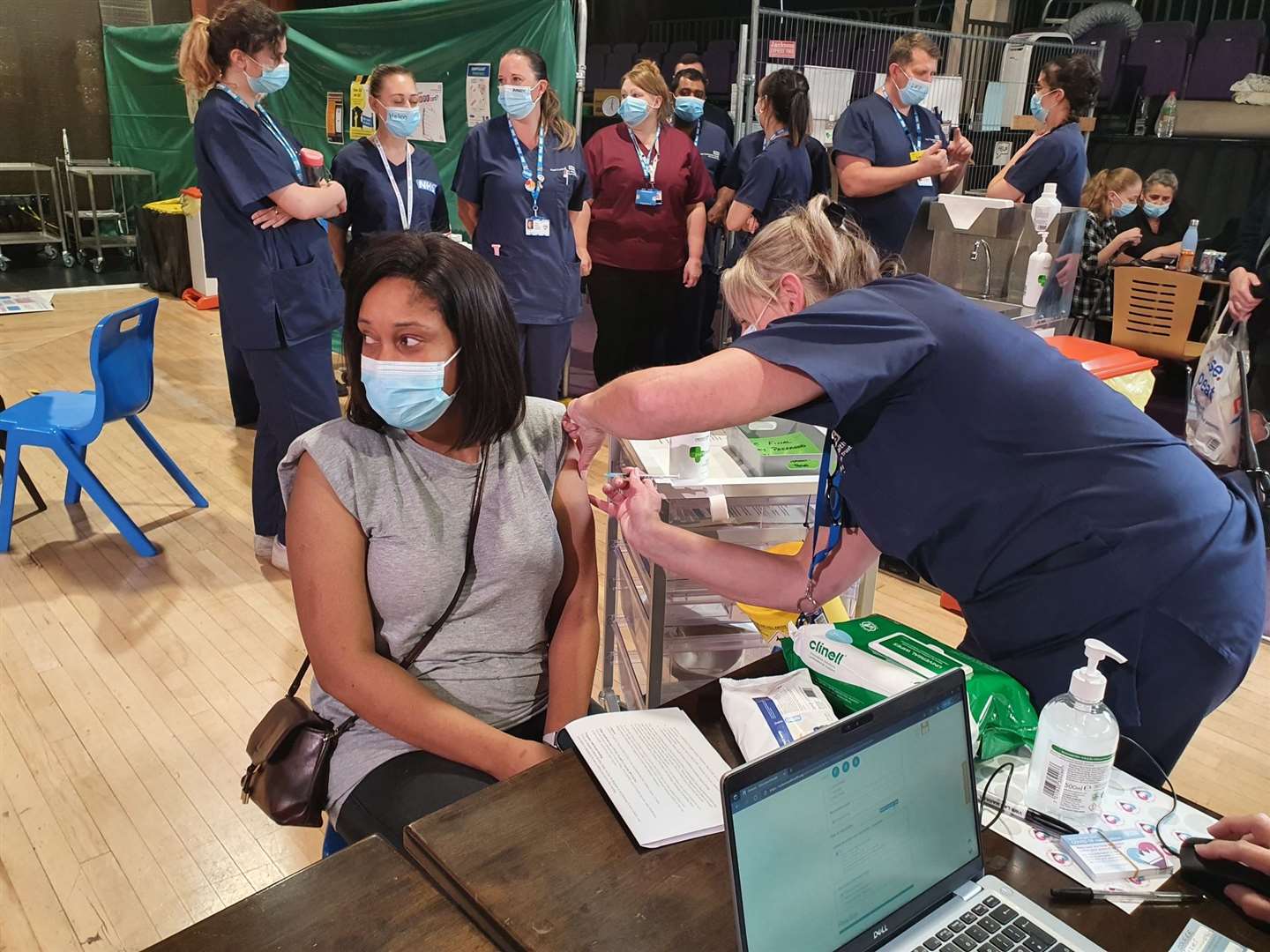 Rita Odueke was the last booking of the day at Gravesend's Covid-19 mass vaccination centre. Picture: Kent Community Health NHS Foundation Trust
