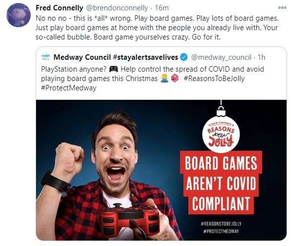 Medway Council's approach about a Covid safe Christmas by avoiding playing board games and instead choosing video games in a public health message campaign has been criticised by residents online