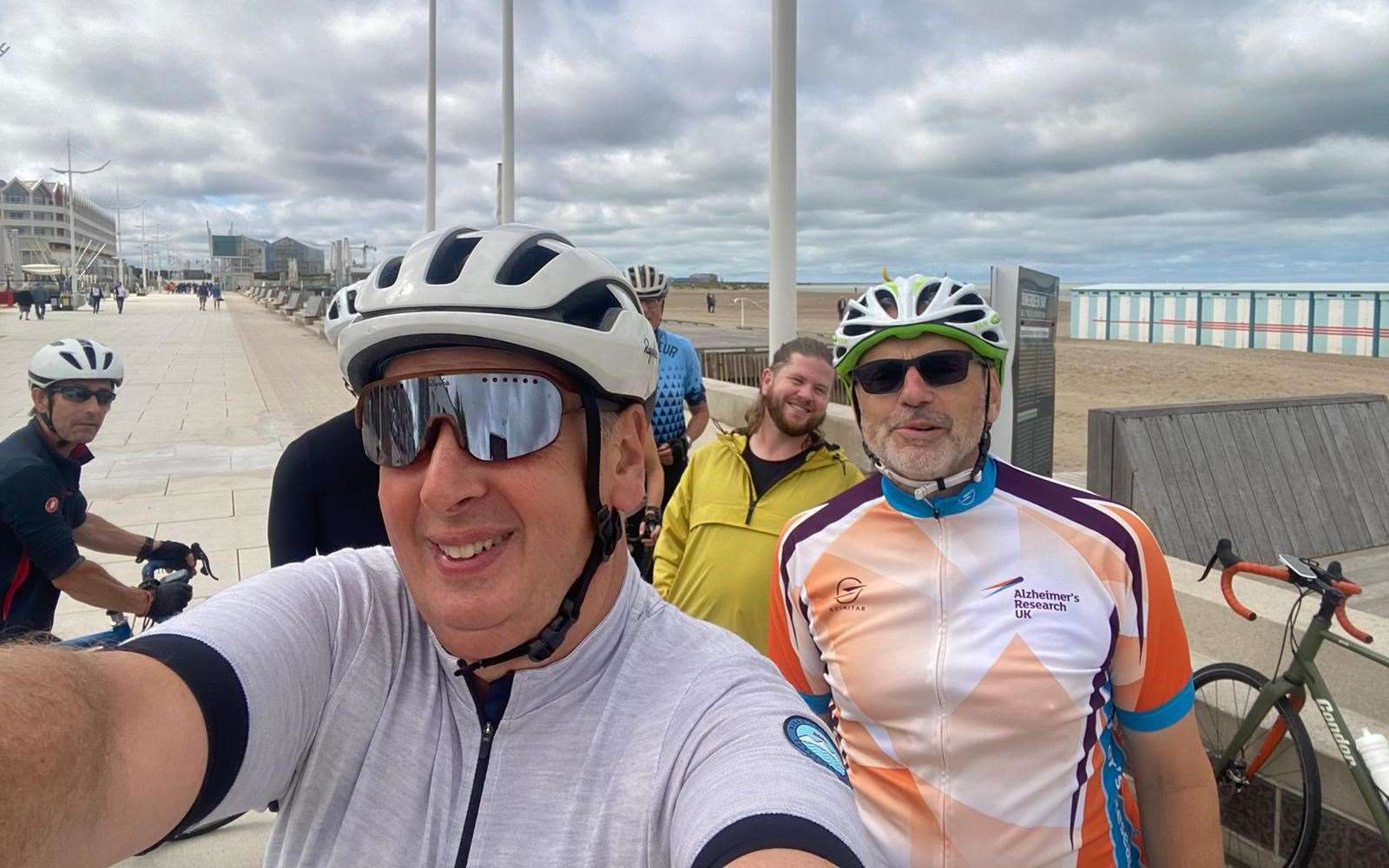 Reporter Rhys Griffiths with a group of cyclists from London who he rode with on the first leg from the Port of Dunkirk