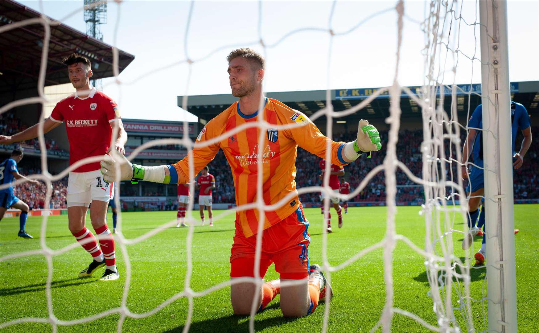 Gillingham goalie Tomas Holy after being beaten from the penalty spot in the first half at Barnsley Picture: Ady Kerry