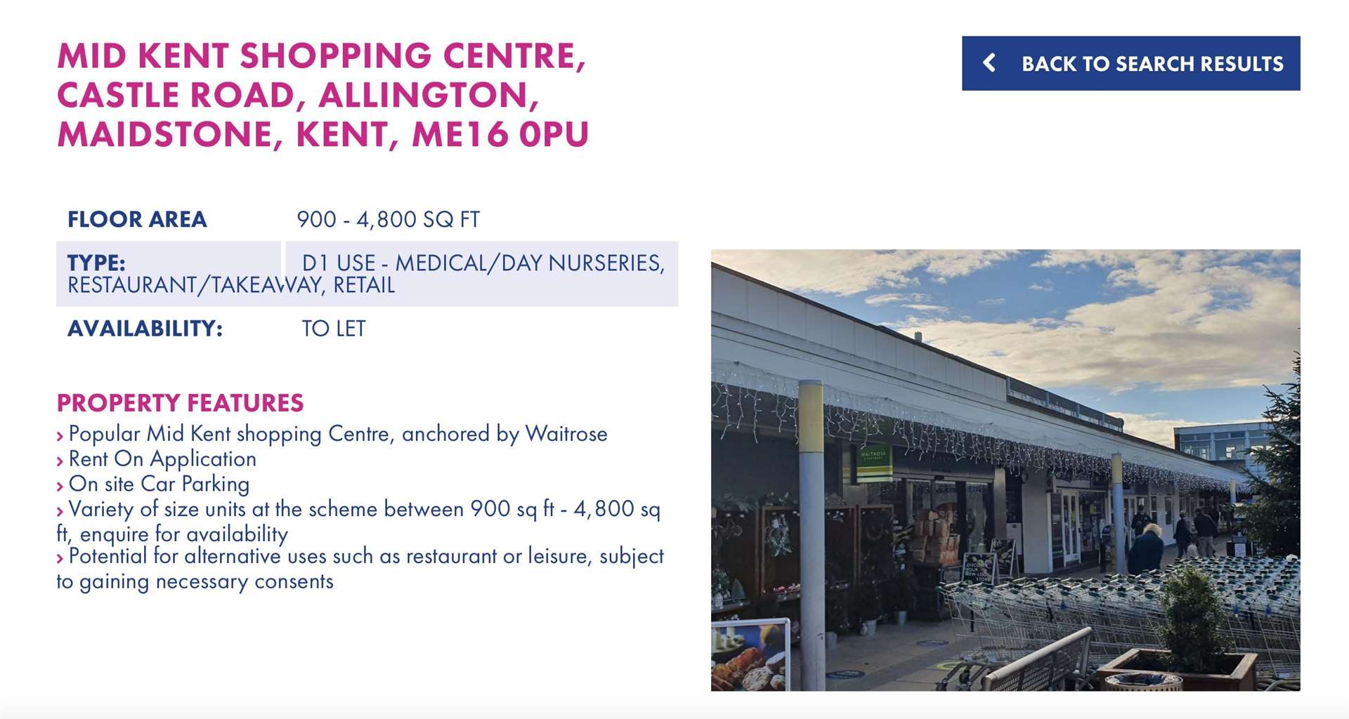 The listing was published by Sibley Pares and shows the shopping centre up for rent