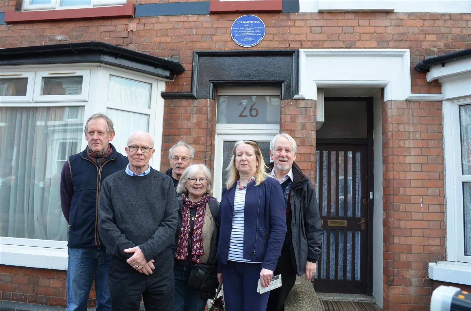 The unveiling of the plaque at Rushden, Northamptonshire. From Left Mark Bird, Ed Finlayson, Duncan Finlayson, Pat Justad, Elizabeth Coombe and Graham Tutthill. Picture courtesy of Graham Tutthill. (1422380)