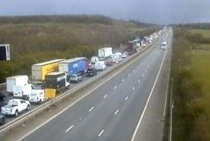 Operation Brock causing miles of queues on the M20 near Maidstone. Picture: National Highways
