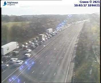 Traffic being held on the M25 near Sevenoaks due to a serious crash. Picture: Highways England